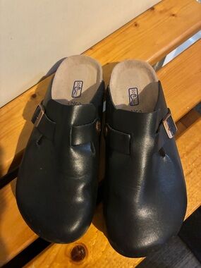 Birkenstock Black Leather Slip-On Clogs with Buckle
